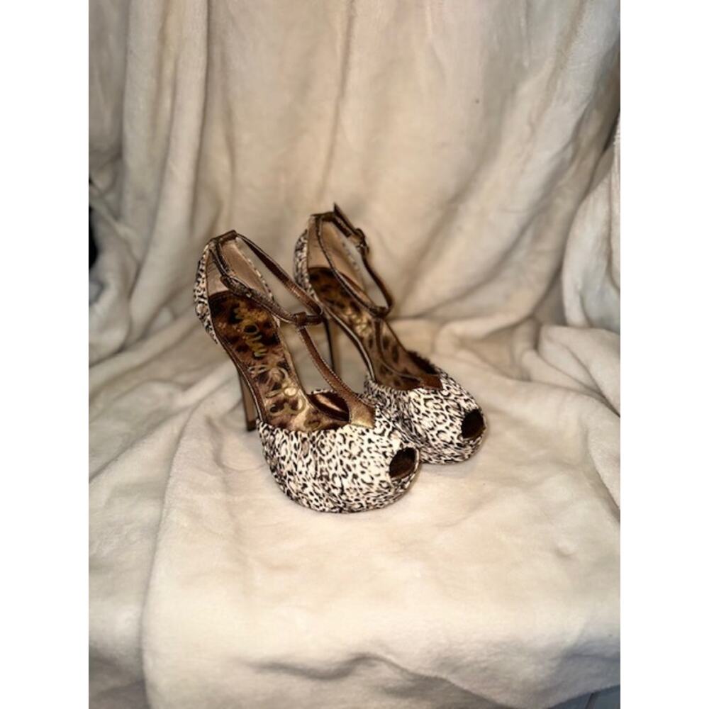 Sam Edelman 'McKenna' Genuine Leather Platform Pumps in Ivory Leopard/Gold  Sz 6